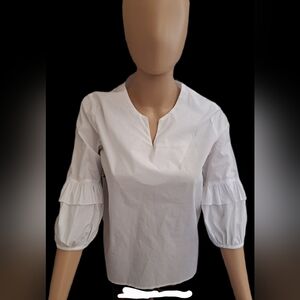 Mother Of Pearl Buttons Chic Cotton Percale White Blouse with Ruffled Sleeves